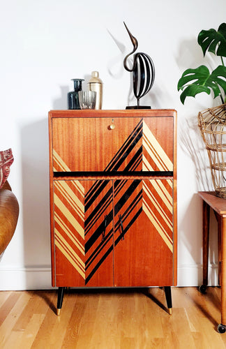 Vintage Teak Mid Century Drinks Cabinet customised with striking Black & Gold geometric design