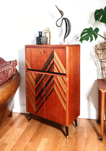 Vintage Teak Mid Century Drinks Cabinet customised with striking Black & Gold geometric design