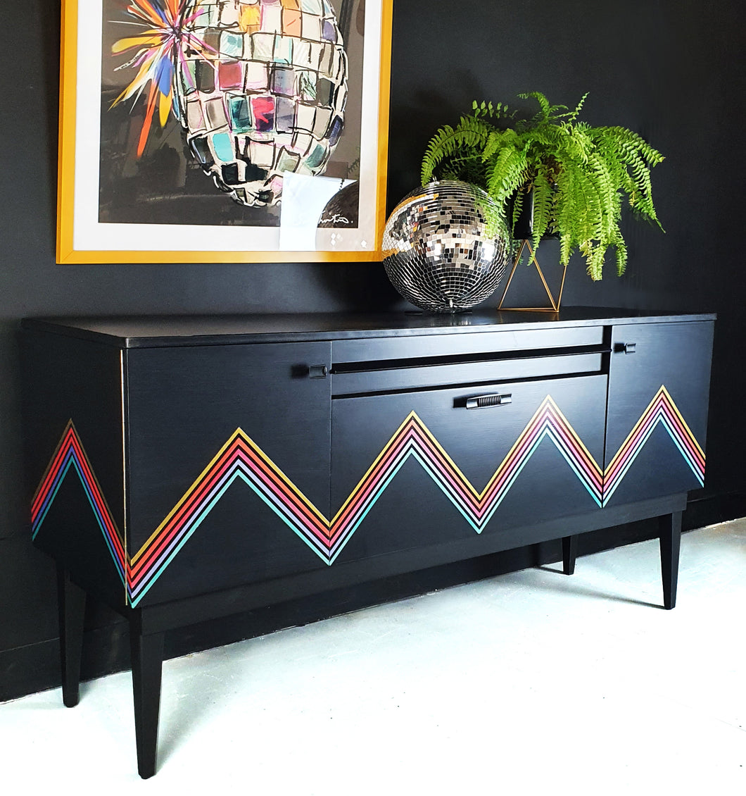 'Vibe' - Upcycled Mid Century cocktail Sideboard with geometric design & iridescent interior