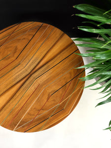 Vintage Oak circular coffee table customised with metallic geometric fine line design