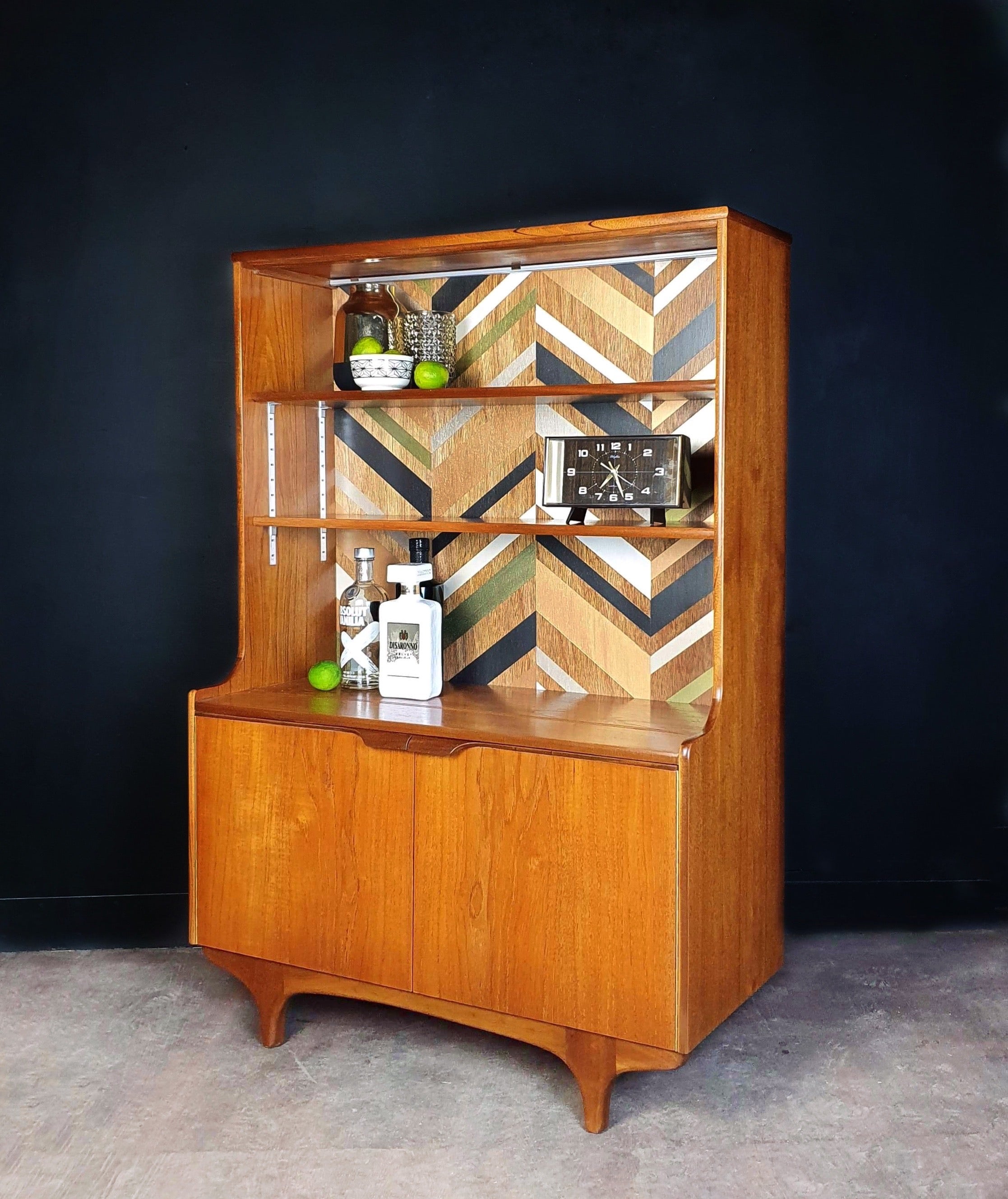 'Apex' - Teak Vintage Mid Century Drinks Cabinet  /  Unit with metallic geometric design