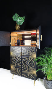 Cocktail / Drinks Cabinet / Home Bar with Black & Gold optical effect geometric design