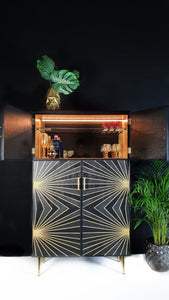 Cocktail / Drinks Cabinet / Home Bar with Black & Gold optical effect geometric design