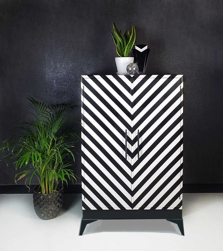 Upcycled vintage Drinks Cabinet with Black & White design and Mirror ball interior