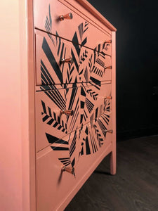 Vintage Chest Of Drawers Painted Coral With Black Geometric Design