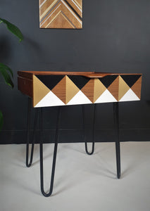 Teak Mid Century drawer side tables with Gold 3D cube effect design